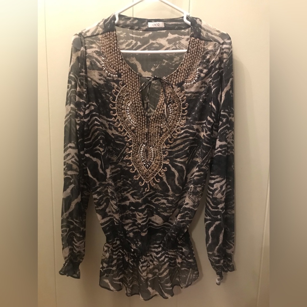 Cache Beaded Blouse Animal Print Sheer